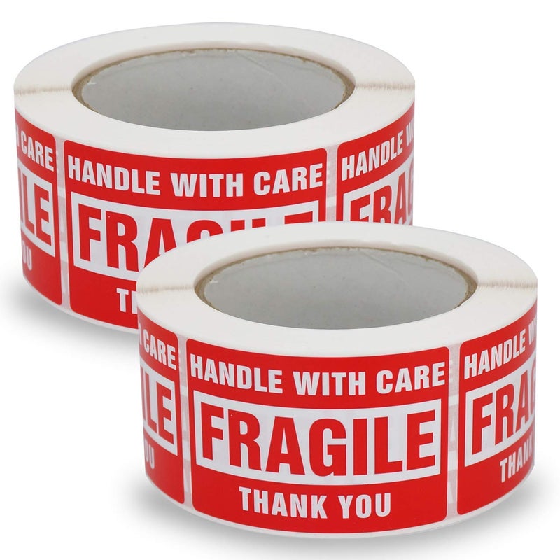BETCKEY 2 Rolls/1000 Labels,Handle with Care Fragile Thank You, Red Warning Shipping Label Stickers (2" x 3") - Image 1